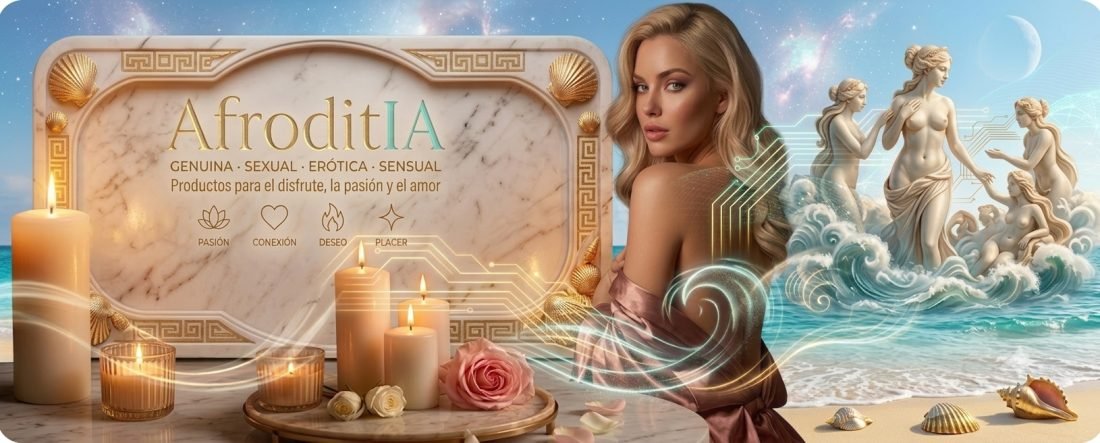 Placa de mármol con el logo Afroditia y sus valores —pasión, conexión, deseo y placer— entre velas, una rosa y estatuas de Venus frente al mar.