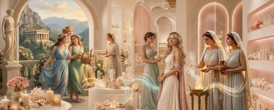 Interior de boutique con arco abierto al paisaje griego: mujeres con túnicas entre velas, perfumes y rosas.