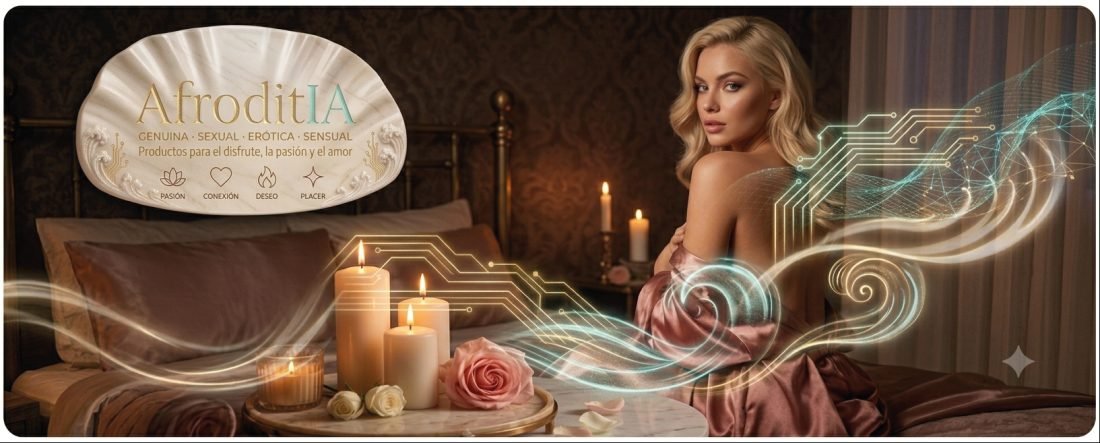 Mujer en bata de satén rosa sobre una cama con velas y rosas, junto al logo Afroditia y trazos de luz.
