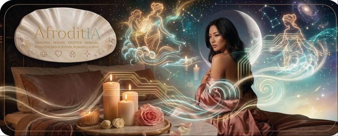 Mujer en bata de satén rosa junto a velas y una rosa, bajo diosas de luz y una luna en un cielo estrellado, con el logo Afroditia.