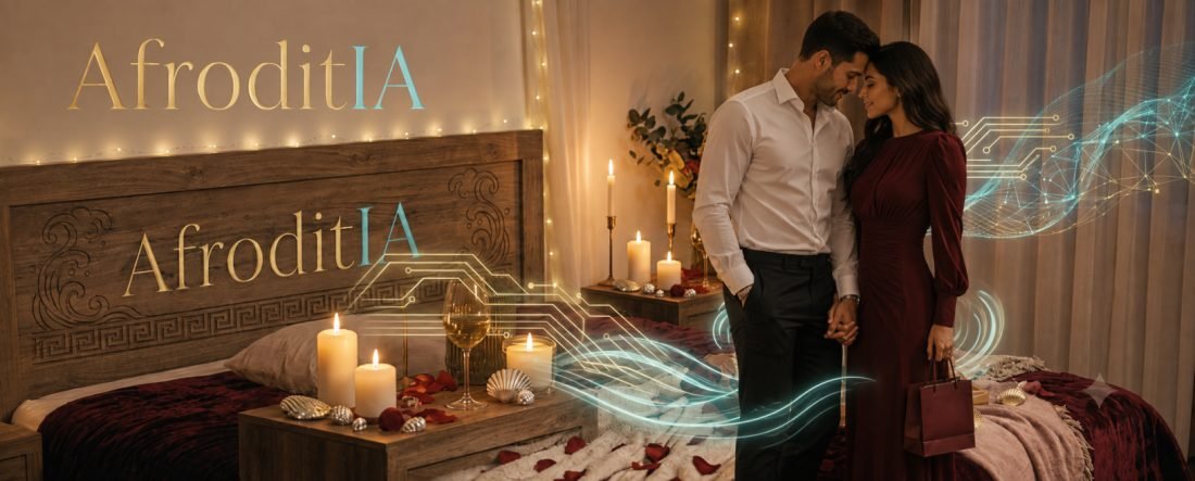 Pareja elegante abrazada en un dormitorio con velas, pétalos de rosa y luces cálidas, bajo el logo Afroditia.