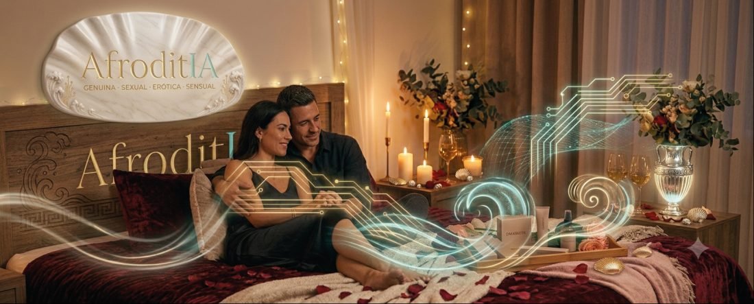 Pareja abrazada y sonriente sobre una cama con velas y flores, envuelta en estelas de luz bajo el logo Afroditia.