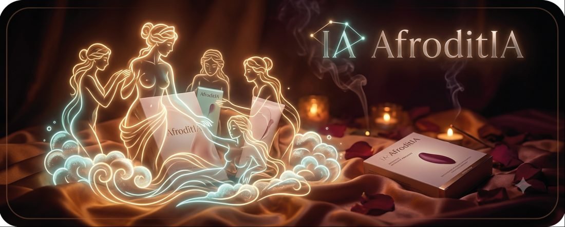 Siluetas de diosas dibujadas en luz dorada rodean cajas de producto Afroditia sobre tela de seda, entre pétalos y velas.