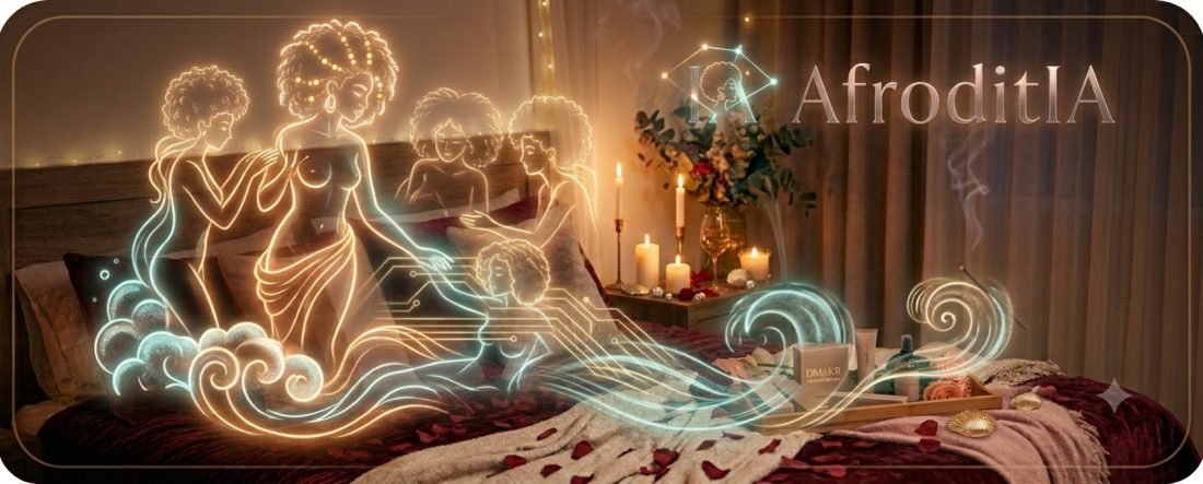 Diosas afrodescendientes dibujadas en luz dorada y turquesa sobre una cama con velas, flores y pétalos, bajo el logo Afroditia.