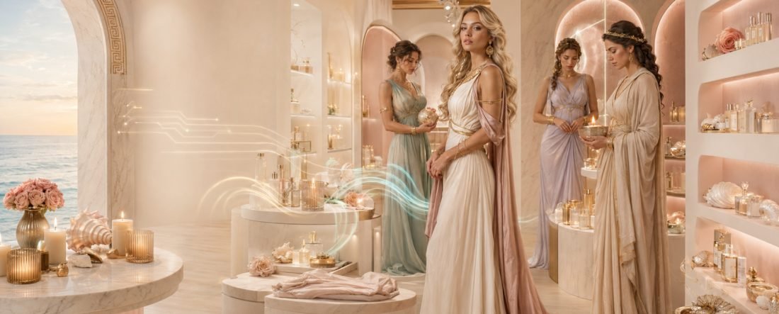 Boutique de mármol con vista al mar: mujeres con túnicas griegas entre estantes de productos, velas y rosas.