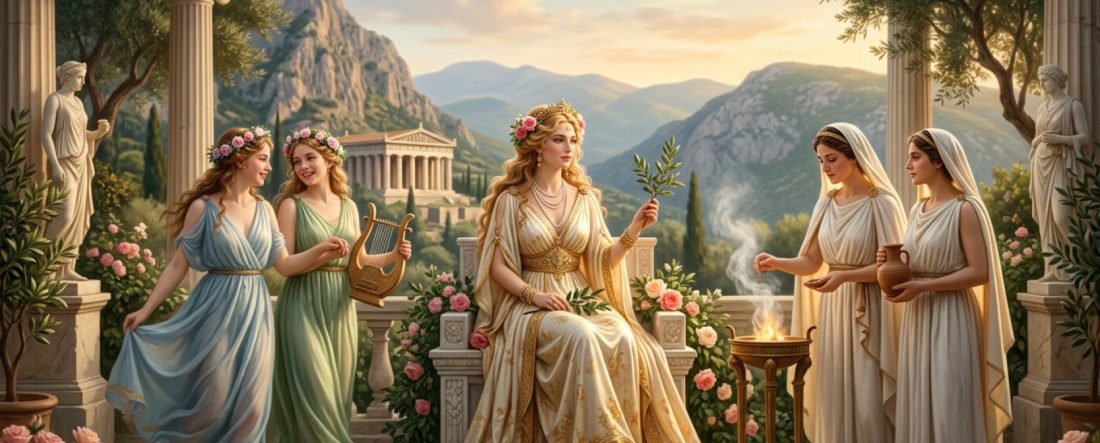 Afrodita sentada en un templo griego rodeada de sus acompañantes, entre columnas, rosas y montañas al atardecer.