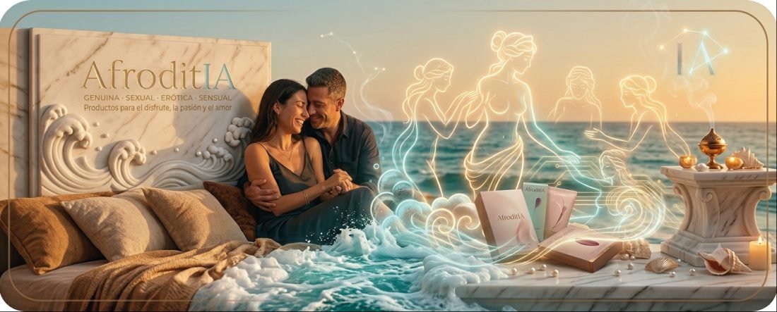 Pareja abrazada frente al mar al atardecer, entre siluetas de diosas en luz y productos Afroditia sobre mármol.