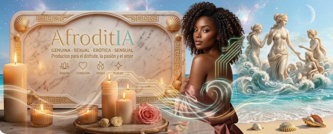 Mujer afrodescendiente junto a la placa de mármol con el logo Afroditia, entre velas, una rosa y estatuas de Venus sobre el mar.